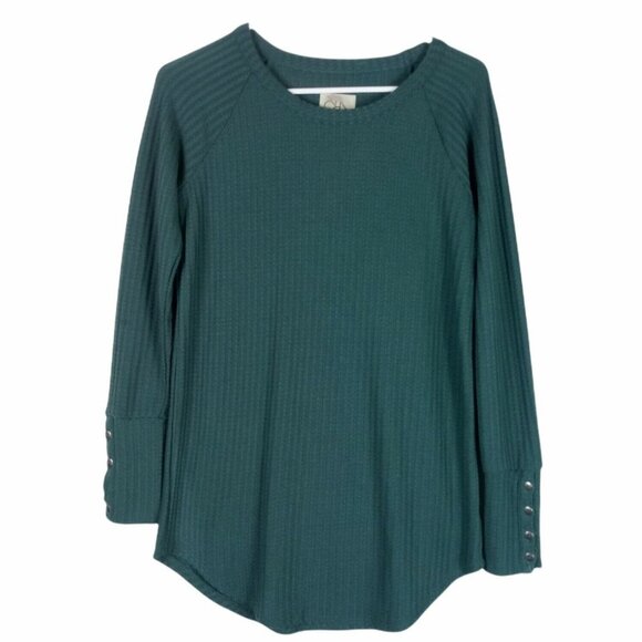 Chaser Womens Waffle Knit Thermal Top Long Sleeve Basil Green Small Button Cuff - Picture 1 of 6